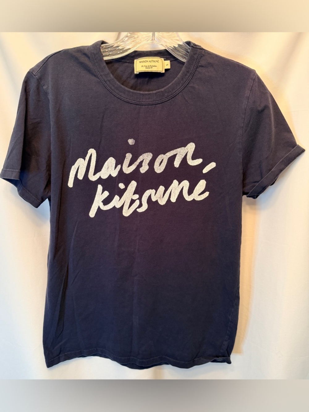 Maison Kitsune Size Small Authentic Handwriting Logo T-Shirt Navy Blue Cotton